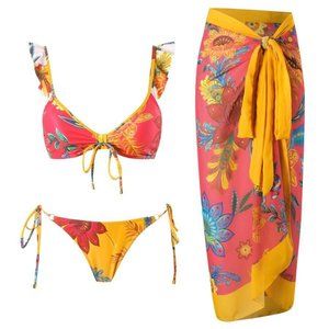 Sexy floral printing padded ruffle three-piece swimsuit(skirt only one size)NWOT